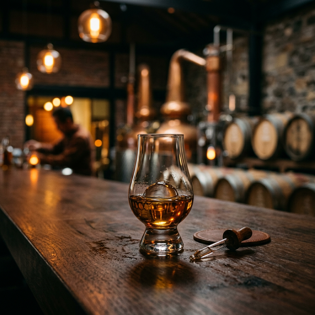 Glencairn glass of whiskey on a wooden bar in a distillery
